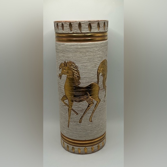 Vintage Fratelli Fanciullacci Gold Horse Sgraffito Textured 10” Vase